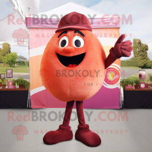 Maroon Grapefruit mascot costume character dressed with a Henley Shirt and Earrings