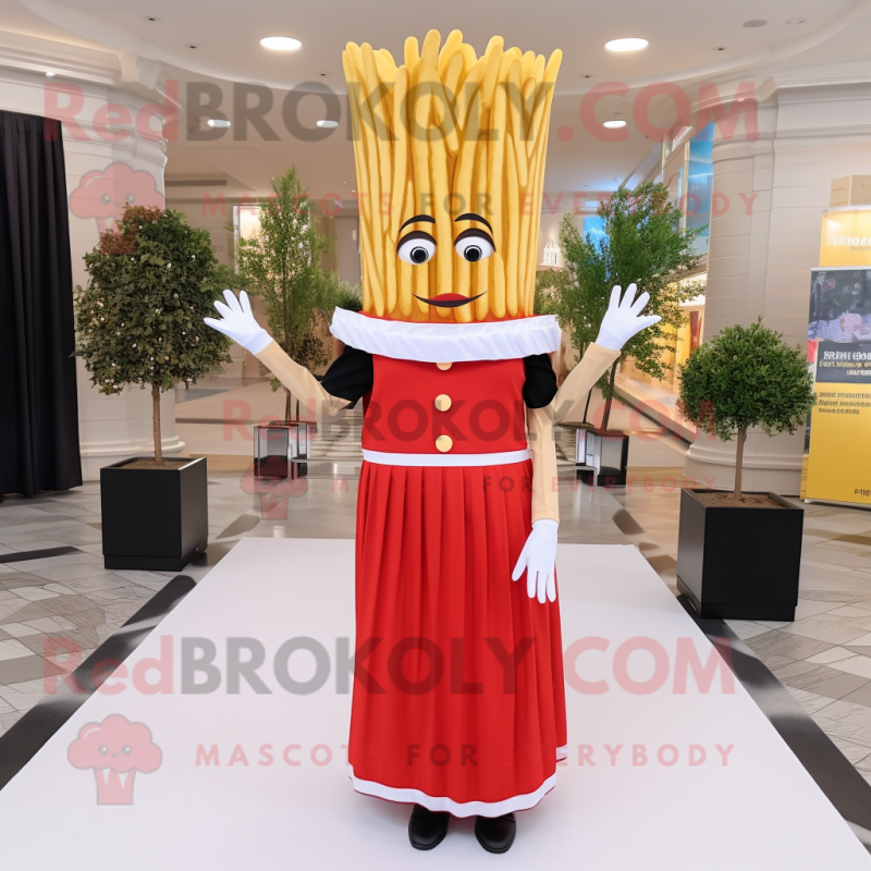 nan French Fries mascot costume character dressed with a Midi Dress and Hat pins nan French Fries mascot costume character dressed with a Midi Dress and Hat pins