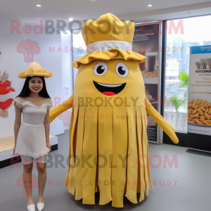 nan French Fries mascot costume character dressed with a Midi Dress and Hat pins
