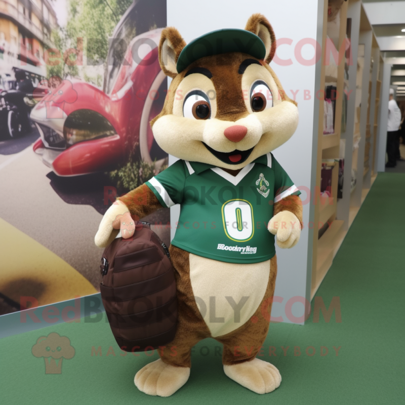 Olive Squirrel mascot costume character dressed with a Rugby Shirt and Handbags