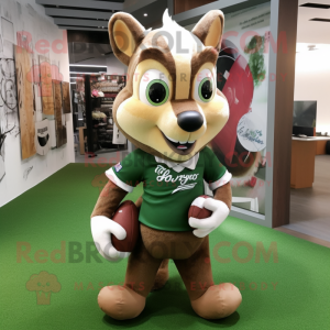 Olive Squirrel mascot costume character dressed with a Rugby Shirt and Handbags