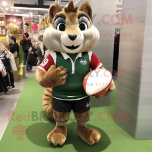 Olive Squirrel mascot costume character dressed with a Rugby Shirt and Handbags