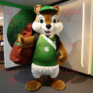 Olive Squirrel mascot costume character dressed with a Rugby Shirt and Handbags