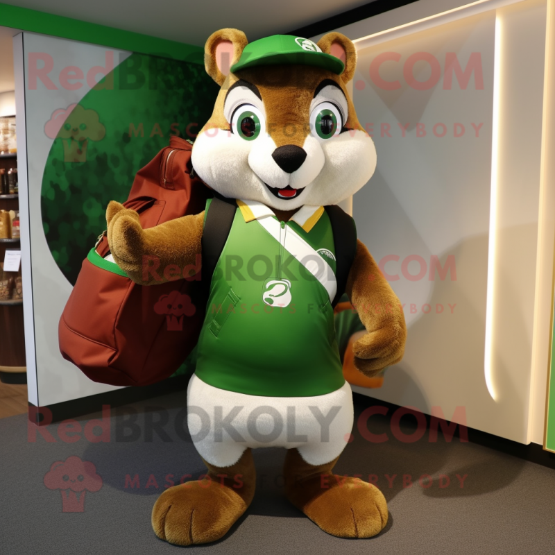 Olive Squirrel mascot costume character dressed with a Rugby Shirt and Handbags Olive Squirrel mascot costume character dressed with a Rugby Shirt and Handbags