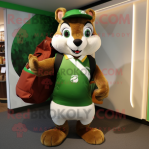 Olive Squirrel mascot costume character dressed with a Rugby Shirt and Handbags