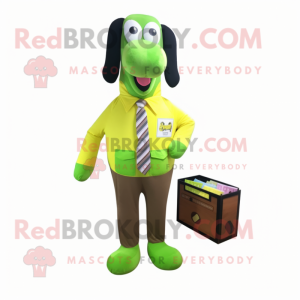 Lime Green Hot Dog mascot costume character dressed with a Button-Up Shirt and Wallets