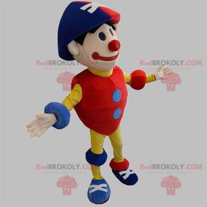 Colorful red blue and yellow snowman clown mascot -