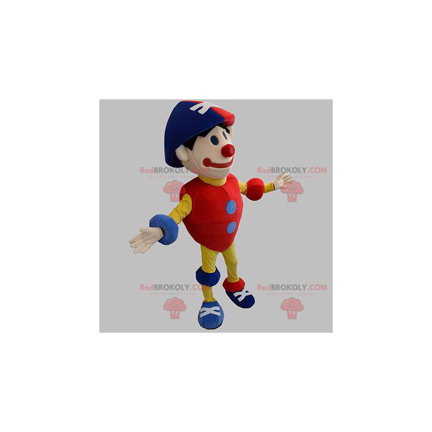 Färgrik röd blå och gul snögubbe clown maskot - Redbrokoly.com