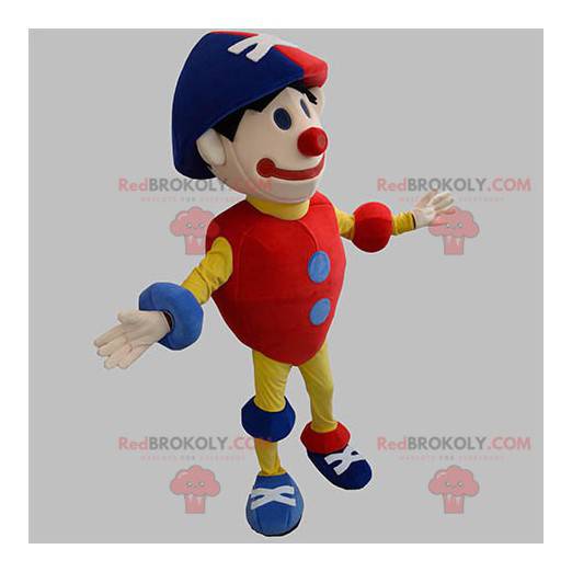 Mascote palhaço colorido vermelho, azul e amarelo, boneco de
