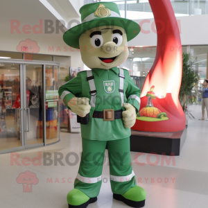 Forest Green Fire Fighter mascot costume character dressed with a Flare Jeans and Pocket squares