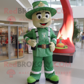 Forest Green Fire Fighter mascot costume character dressed with a Flare Jeans and Pocket squares