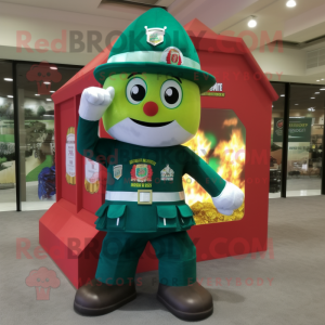 Forest Green Fire Fighter mascot costume character dressed with a Flare Jeans and Pocket squares