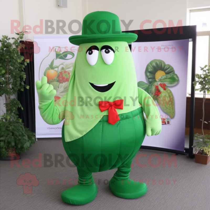 Green Pepper mascot costume character dressed with a Maxi Skirt and Pocket squares