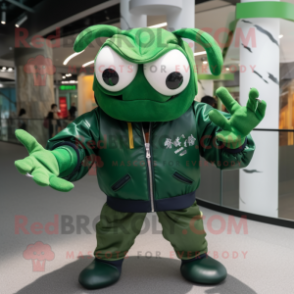 Forest Green Crab mascot costume character dressed with a Bomber Jacket and Bracelets