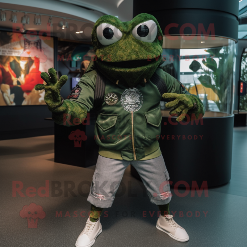 Forest Green Crab mascot costume character dressed with a Bomber Jacket and Bracelets Forest Green Crab mascot costume character dressed with a Bomber Jacket and Bracelets