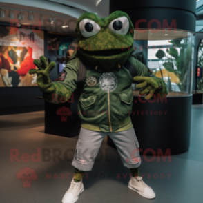 Forest Green Crab mascot costume character dressed with a Bomber Jacket and Bracelets