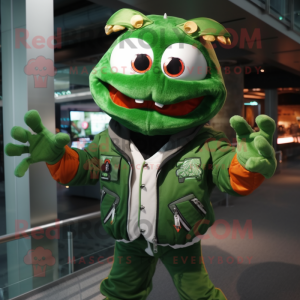Forest Green Crab mascot costume character dressed with a Bomber Jacket and Bracelets