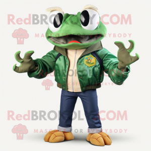 Forest Green Crab mascot costume character dressed with a Bomber Jacket and Bracelets