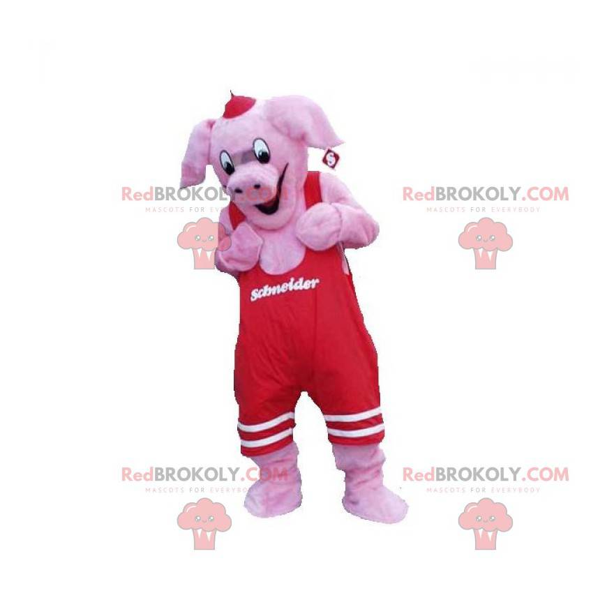 Rosa Schweinemaskottchen mit rotem Overall - Redbrokoly.com