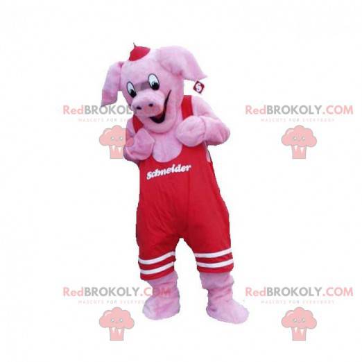 Rosa Schweinemaskottchen mit rotem Overall - Redbrokoly.com