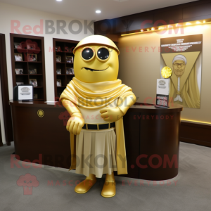 Gold Attorney mascot costume character dressed with a Tank Top and Shawl pins