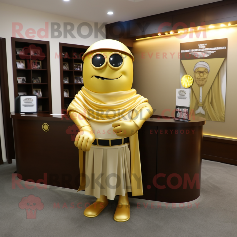 Gold Attorney mascot costume character dressed with a Tank Top and Shawl pins Gold Attorney mascot costume character dressed with a Tank Top and Shawl pins