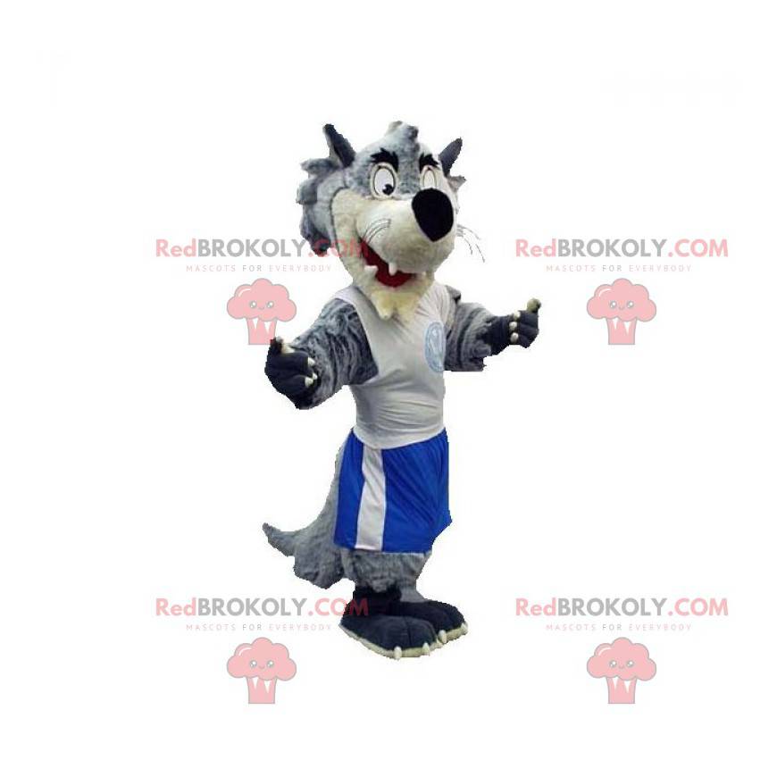 Mascotte de loup gris et blanc habillé en tenue de sport -
