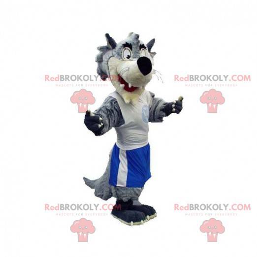 Šedý a bílý vlk maskot oblečený ve sportovním oblečení -