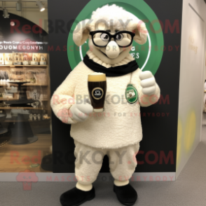 Cream Guinness mascot costume character dressed with a Cardigan and Eyeglasses