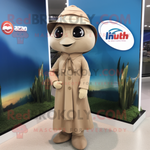 Tan Pho mascot costume character dressed with a Sheath Dress and Lapel pins