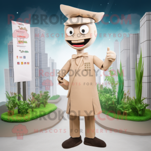 Tan Pho mascot costume character dressed with a Sheath Dress and Lapel pins