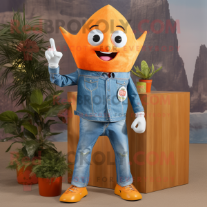 Orange Ray mascot costume character dressed with a Denim Shirt and Ties
