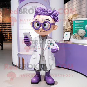 Lavender Doctor mascot costume character dressed with a Leather Jacket and Reading glasses