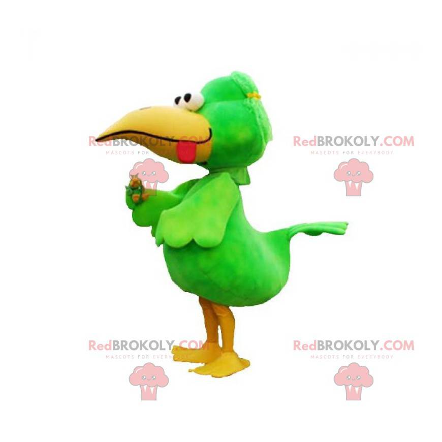Funny and colorful big green and yellow bird mascot -