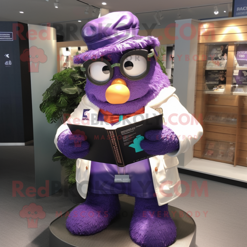 Lavender Doctor mascot costume character dressed with a Leather Jacket and Reading glasses Lavender Doctor mascot costume character dressed with a Leather Jacket and Reading glasses