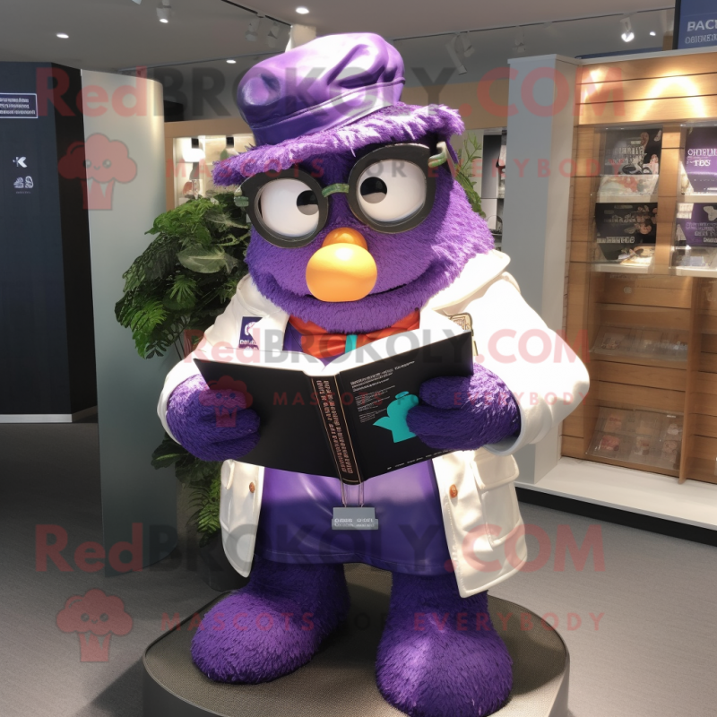 Lavender Doctor mascot costume character dressed with a Leather Jacket and Reading glasses