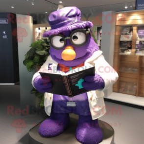 Lavender Doctor mascot costume character dressed with a Leather Jacket and Reading glasses