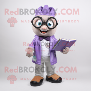 Lavender Doctor mascot costume character dressed with a Leather Jacket and Reading glasses