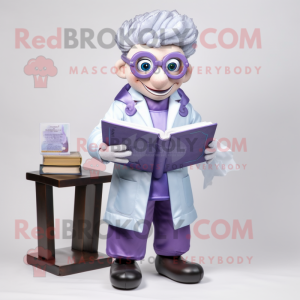 Lavender Doctor mascot costume character dressed with a Leather Jacket and Reading glasses