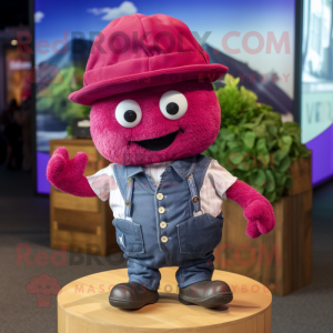 Magenta Raspberry mascot costume character dressed with a Denim Shorts and Pocket squares