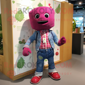 Magenta Raspberry mascot costume character dressed with a Denim Shorts and Pocket squares