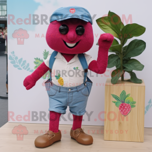 Magenta Raspberry mascot costume character dressed with a Denim Shorts and Pocket squares