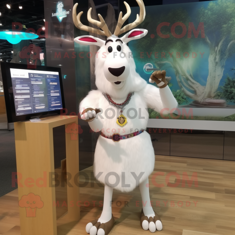 White Elk mascot costume character dressed with a Pencil Skirt and Bracelet watches White Elk mascot costume character dressed with a Pencil Skirt and Bracelet watches