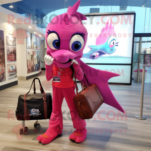 Magenta Swordfish mascot costume character dressed with a Bootcut Jeans and Tote bags