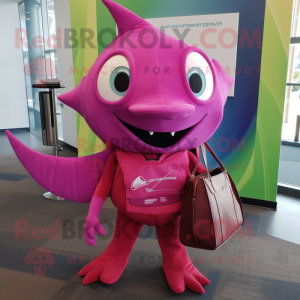 Magenta Swordfish mascot costume character dressed with a Bootcut Jeans and Tote bags