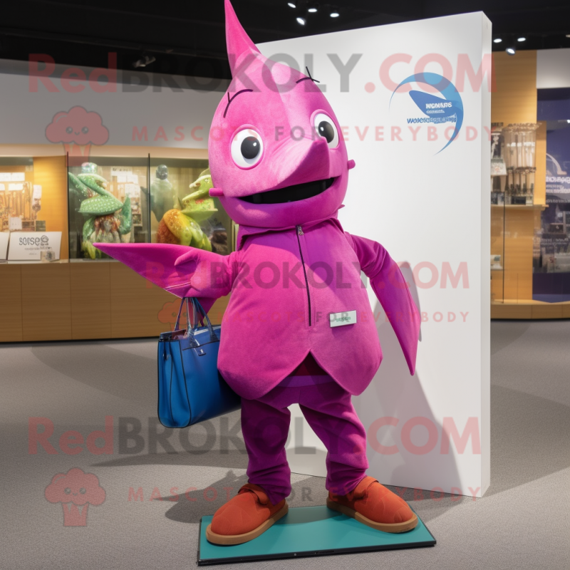Magenta Swordfish mascot costume character dressed with a Bootcut Jeans and Tote bags Magenta Swordfish mascot costume character dressed with a Bootcut Jeans and Tote bags