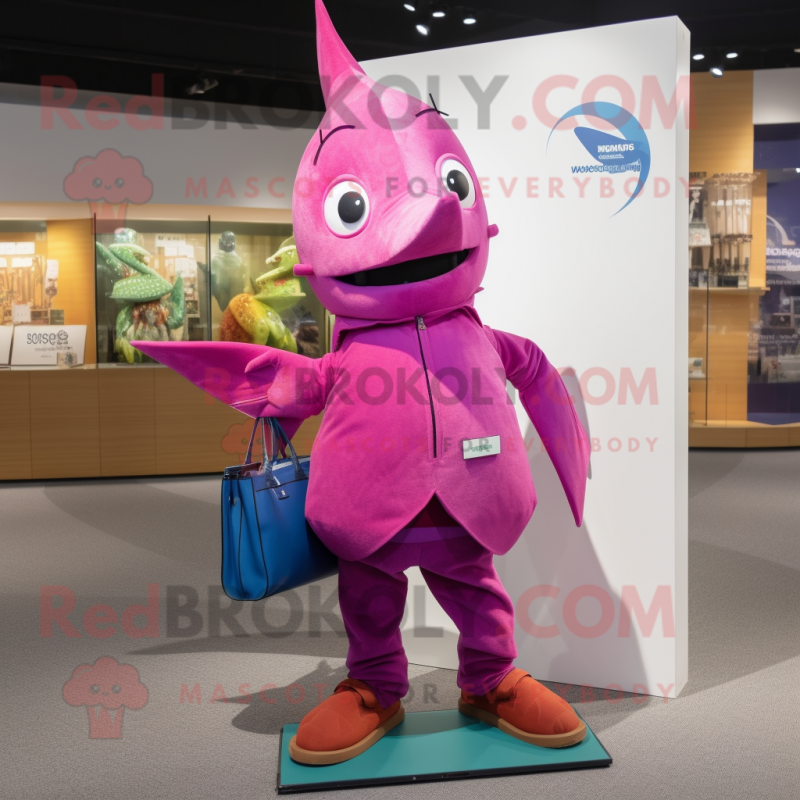 Magenta Swordfish mascot costume character dressed with a Bootcut Jeans and Tote bags