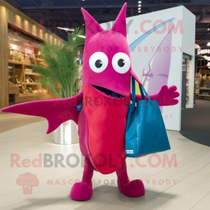 Magenta Swordfish mascot costume character dressed with a Bootcut Jeans and Tote bags