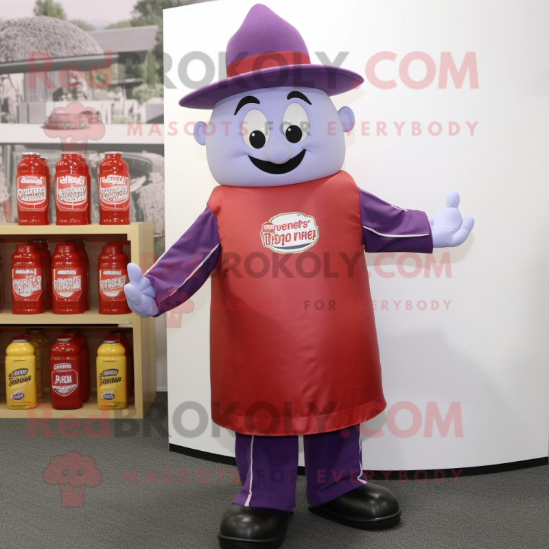 Lavender Bottle Of Ketchup mascot costume character dressed with a Romper and Hat pins Lavender Bottle Of Ketchup mascot costume character dressed with a Romper and Hat pins