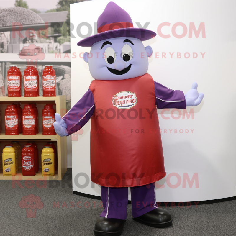 Lavender Bottle Of Ketchup mascot costume character dressed with a Romper and Hat pins